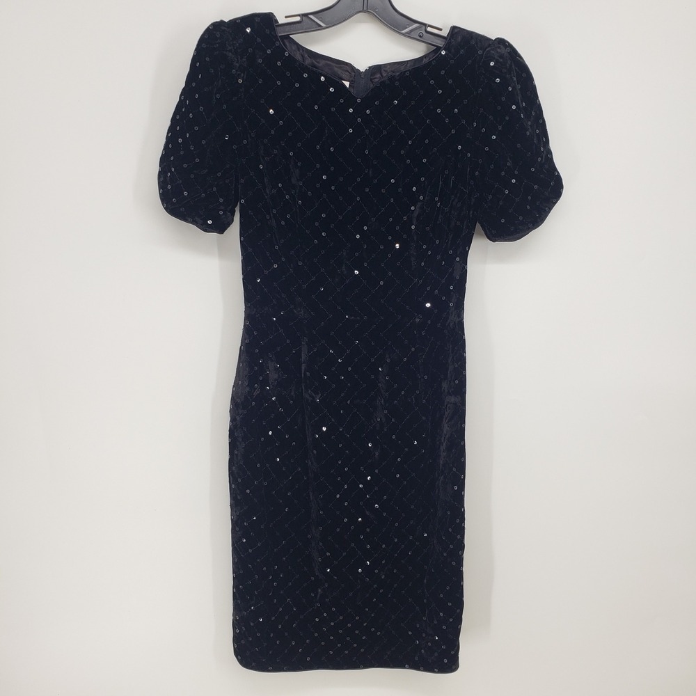 Vintage 90s Scott McClintock Talbots Sequin Velvet Dress Women Size 6 Black LBD